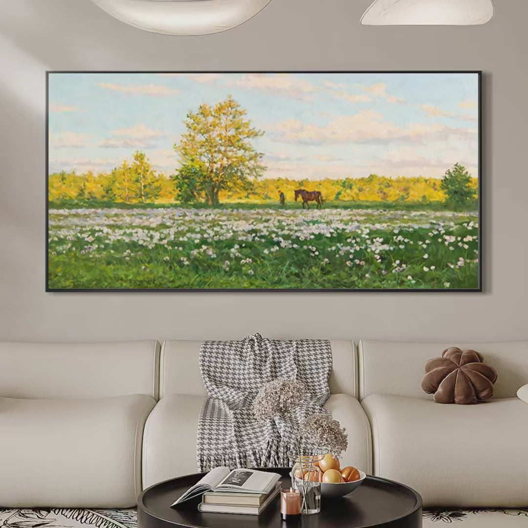 SUNLIT MEADOW: Tranquil Landscape Painting with Horse and Figure - Image 2