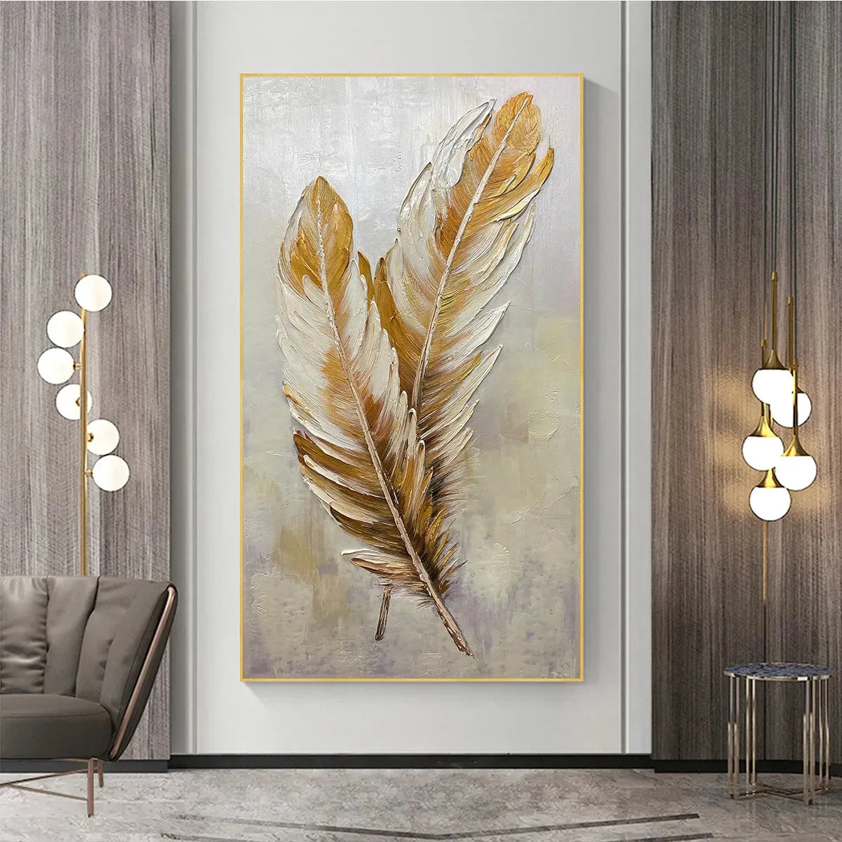 GOLDEN GRACE: Vertical Painting of Golden Feathers, Textured Impasto, Modern Wall Art - Image 2