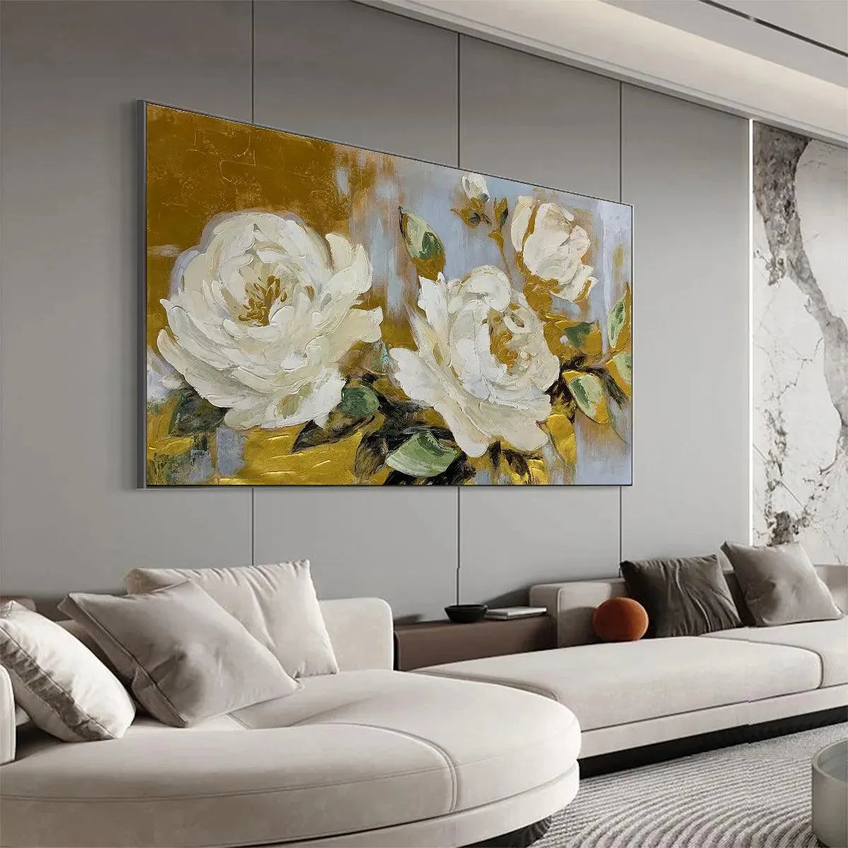 GOLDEN WHISPERS: White Floral Painting with Gold Accents, Panoramic Canvas, Elegant Wall Art for Living Room or Bedroom - Image 6