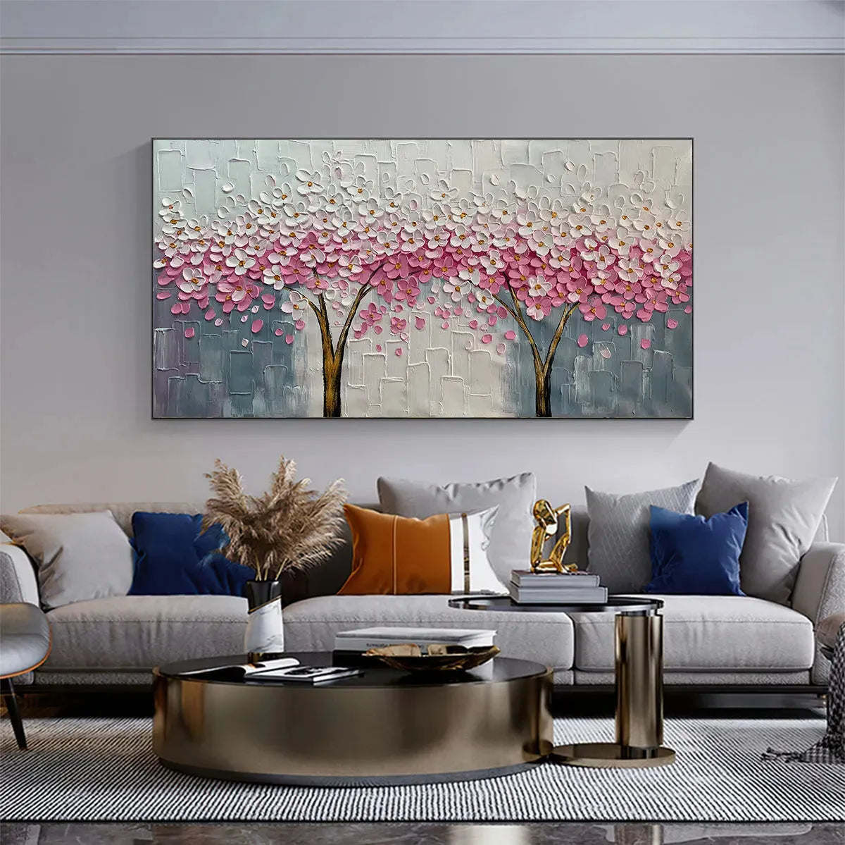 SPRING BLOSSOM: Panoramic Cherry Blossom Painting in Pink and White, Textured Impasto, Modern Wall Art - Image 8