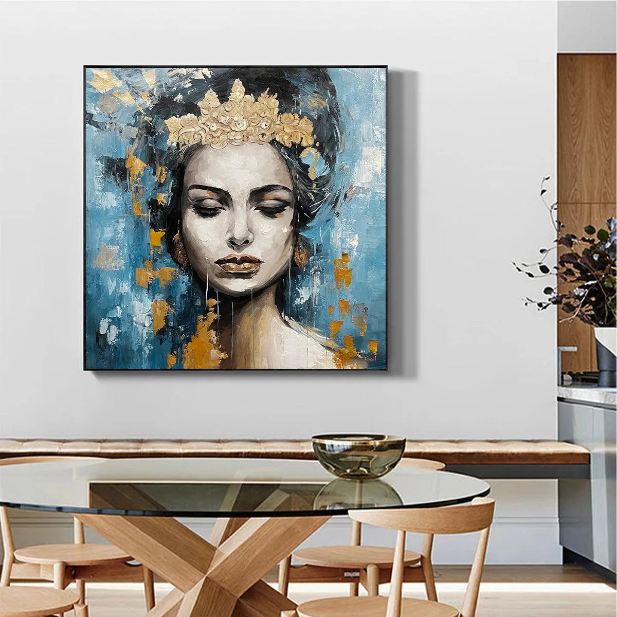 GOLDEN MUSE: Portrait Painting in Blue and Gold, Square Canvas, Modern Figurative Wall Art - Image 4