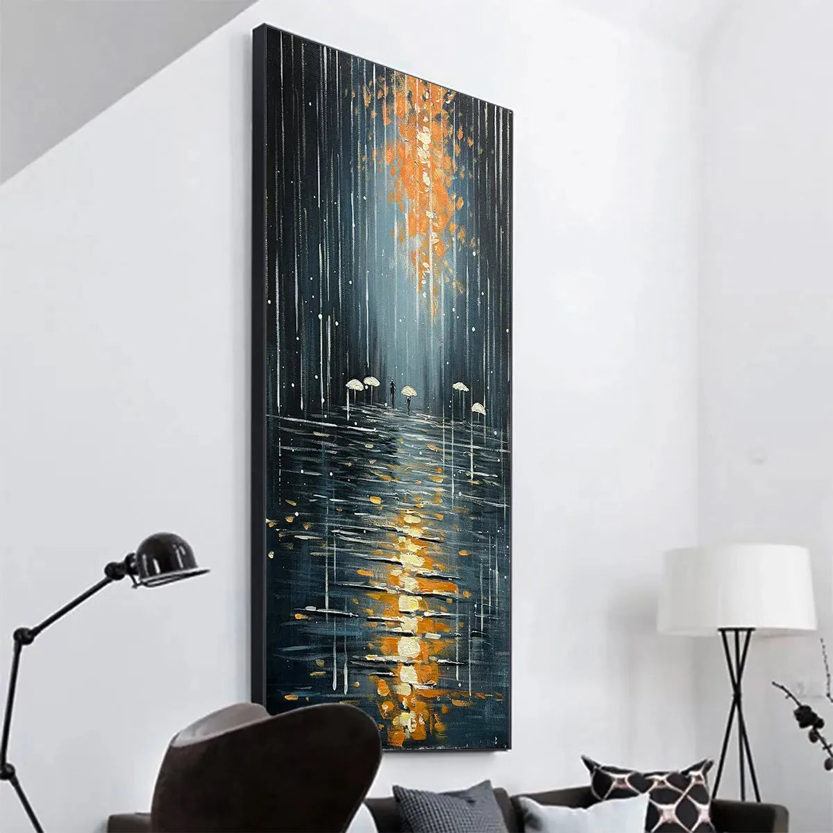 RAINY DAY REFLECTIONS: Vertical Painting of a Rainy City Street, Minimalist Figures, Modern Wall Art, Blue and Gold - Image 5