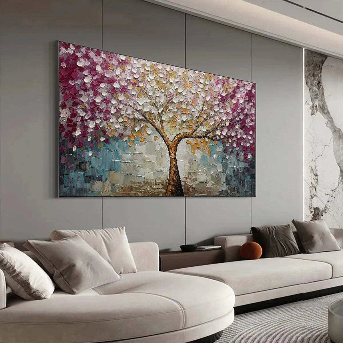 CHERRY BLOSSOM DREAM: Panoramic Textured Impasto Painting of a Cherry Blossom Tree, Modern Wall Art, Pink and Gold - Image 7