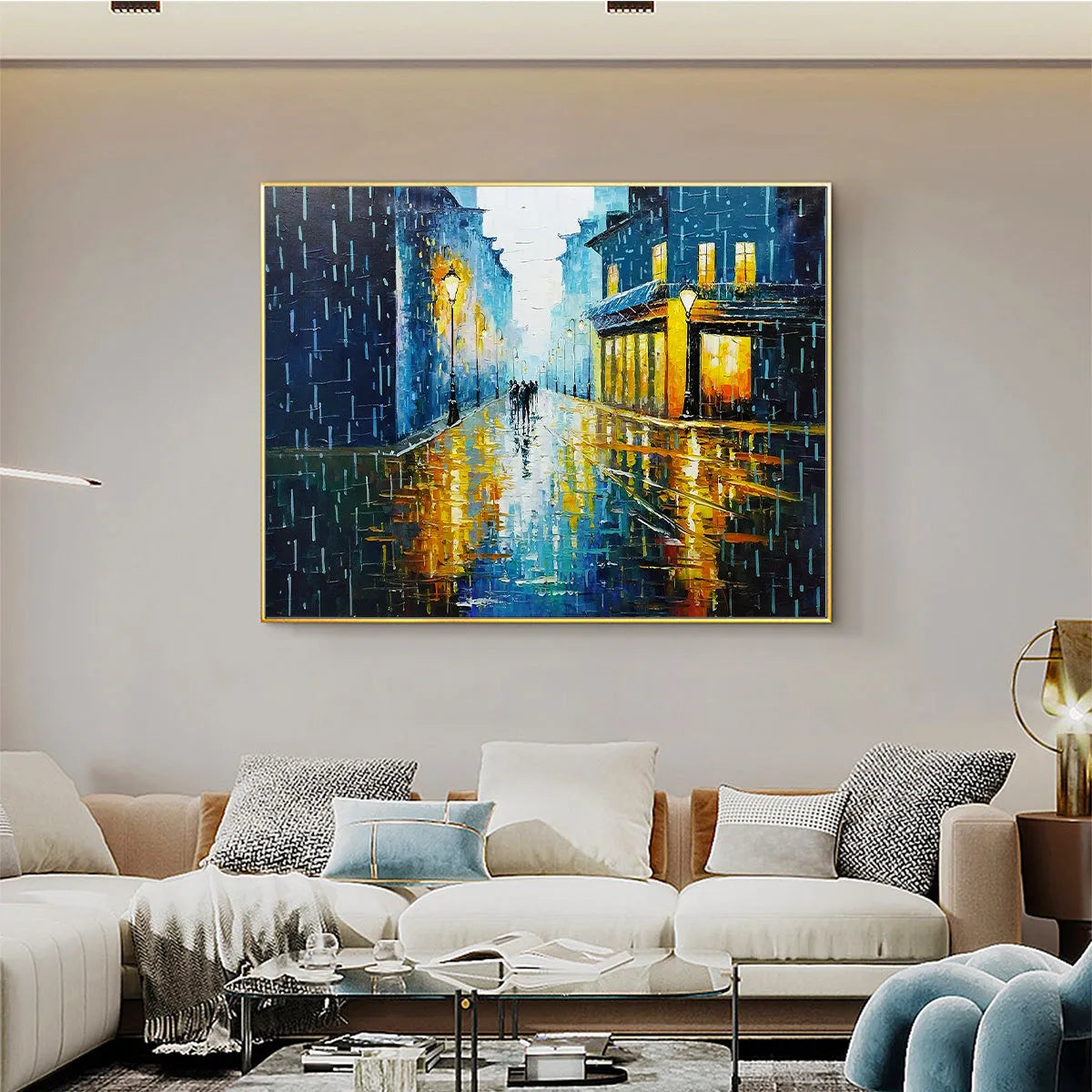 RAINY NIGHT IN PARIS: Textured Cityscape Painting, Rainy Street Scene, Blue, Living Room, Dining Room, Office - Image 8