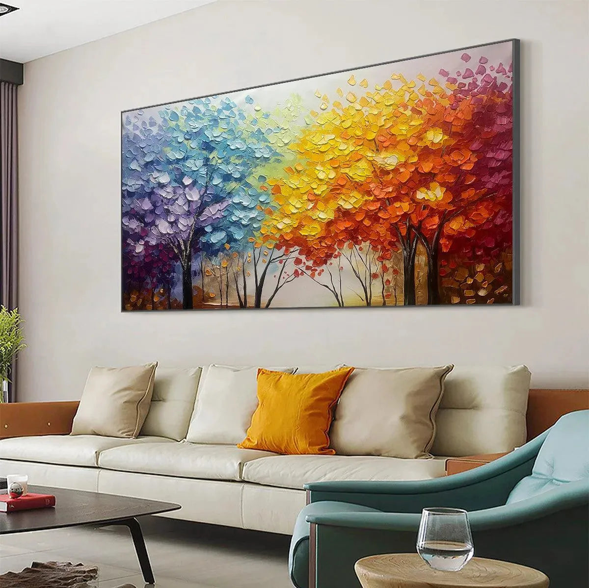 AUTUMN RAINBOW: Panoramic Tree Painting in Vibrant Colors, Textured Canvas, Modern Wall Art - Image 8