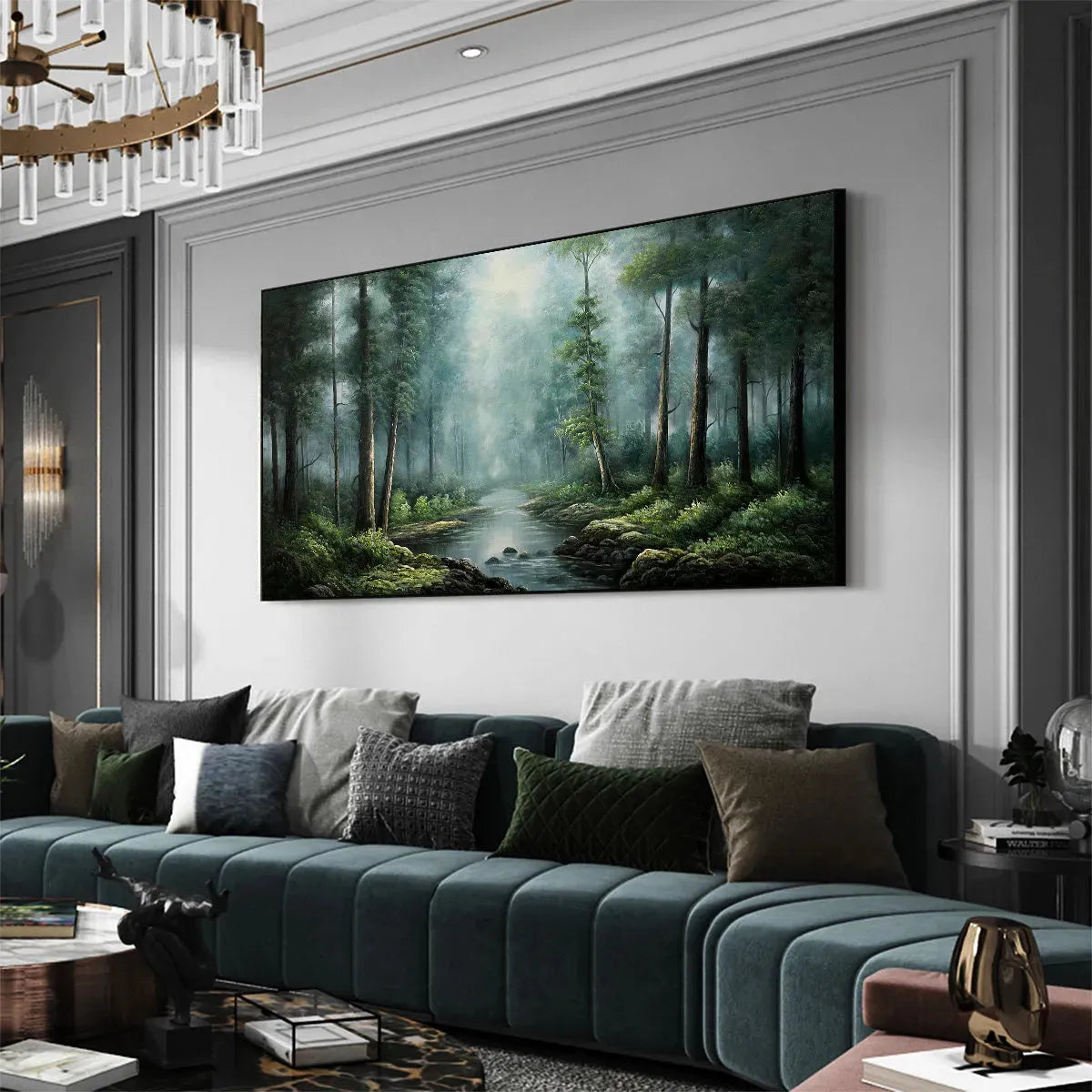 FOREST PATH: Panoramic Forest Painting with Stream, Misty Landscape, Canvas Wall Art - Image 4