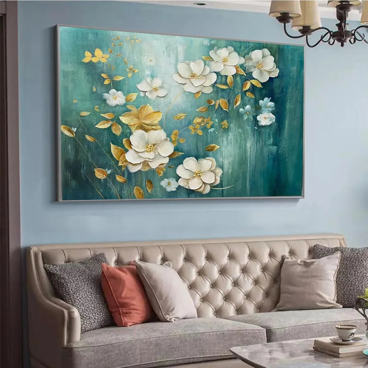 GOLDEN GARDEN: White and Gold Floral Painting, Teal Green Background Wall Art, Horizontal Canvas, Impressionist Decor - Image 5