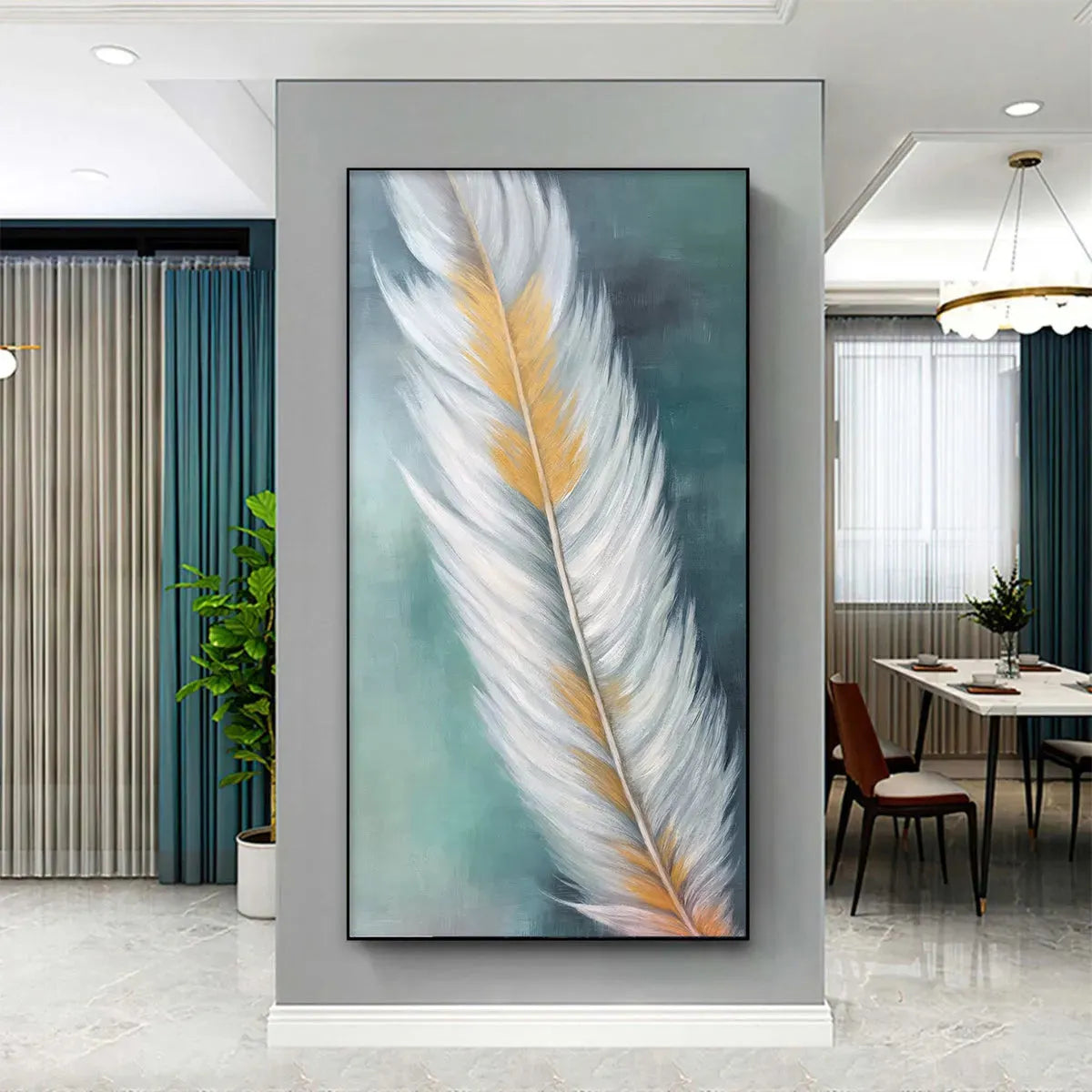 GOLDEN QUILL: White and Gold Feather Painting, Green Background Wall Art, Vertical Canvas, Minimalist Decor - Image 2