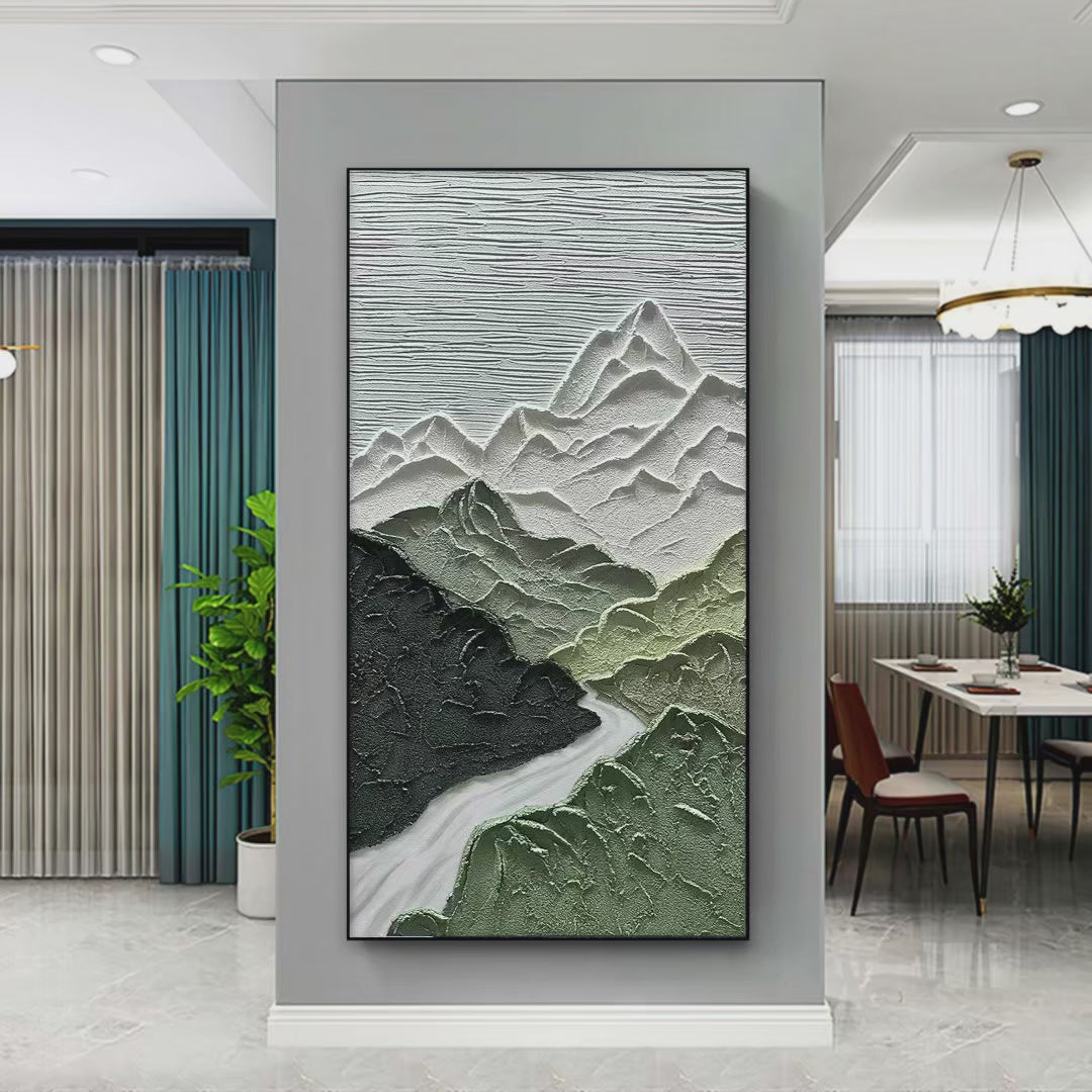 JADE PEAK: Textured Green and White Mountain Landscape Painting - Image 4