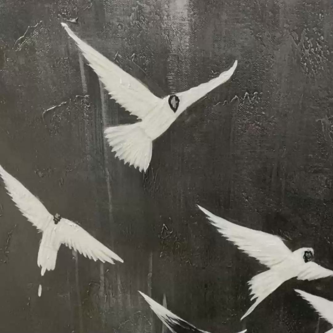 FLIGHT OF DREAMS: Minimalist Birds on Black Oil Painting - Image 3