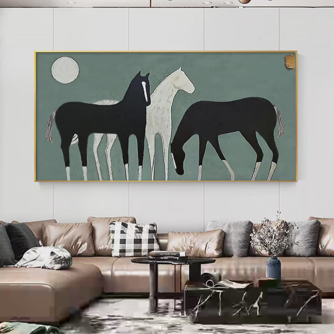 THREE HORSES UNDER THE MOON: Minimalist Horse Painting, Panoramic Wall Art - Image 4
