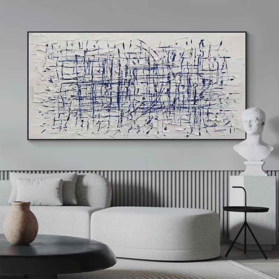 BLUE GRID: Textured Minimalist Abstract Painting in Blue and White - Image 4