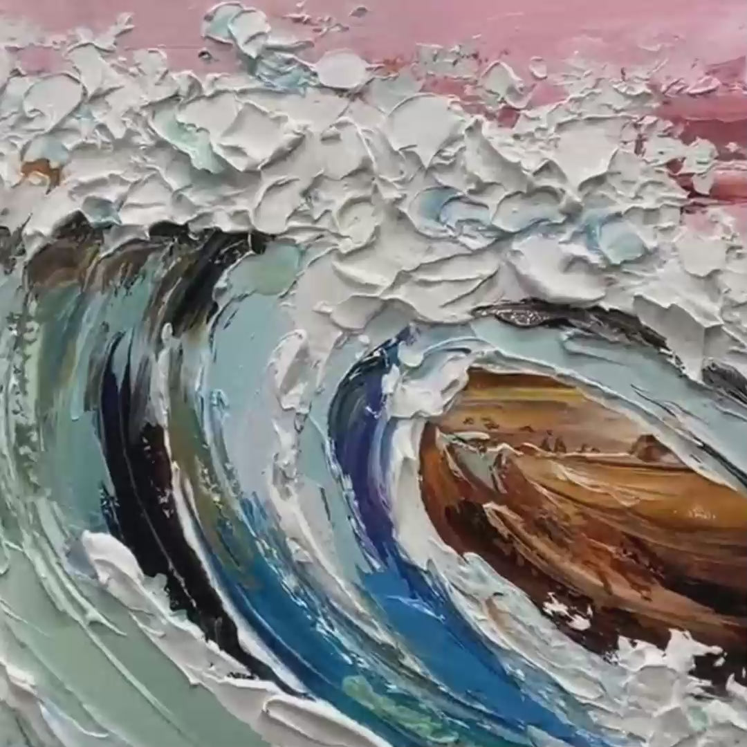 CORAL CREST: Textured Ocean Wave Painting in Pink and Blue - Image 3