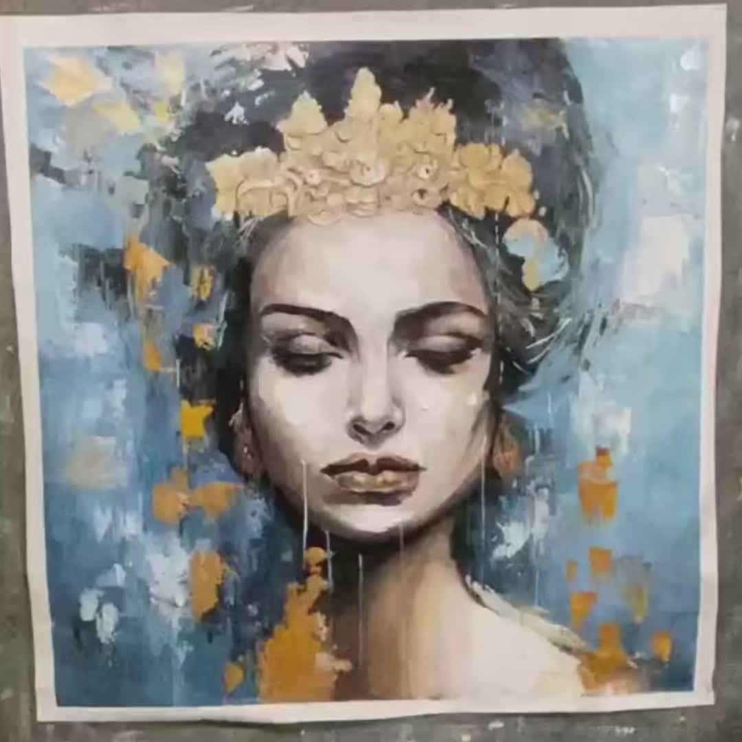GOLDEN MUSE: Portrait Painting in Blue and Gold, Square Canvas, Modern Figurative Wall Art - Image 4