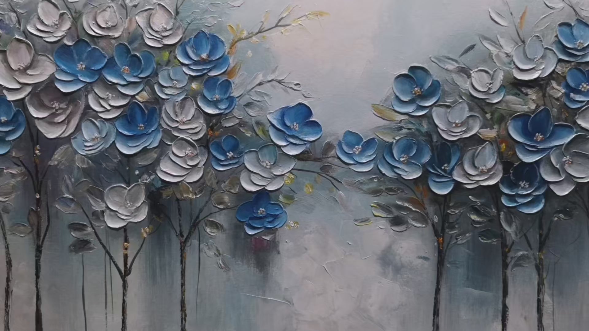 AZURE BLOSSOMS: Textured Blue and Gold Floral Oil Painting - Image 4