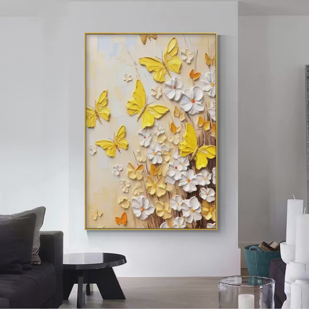 GOLDEN BUTTERFLIES: Textured Butterfly and Floral Painting, Yellow and White Wall Art, Vertical Canvas, Impasto Decor - Image 2