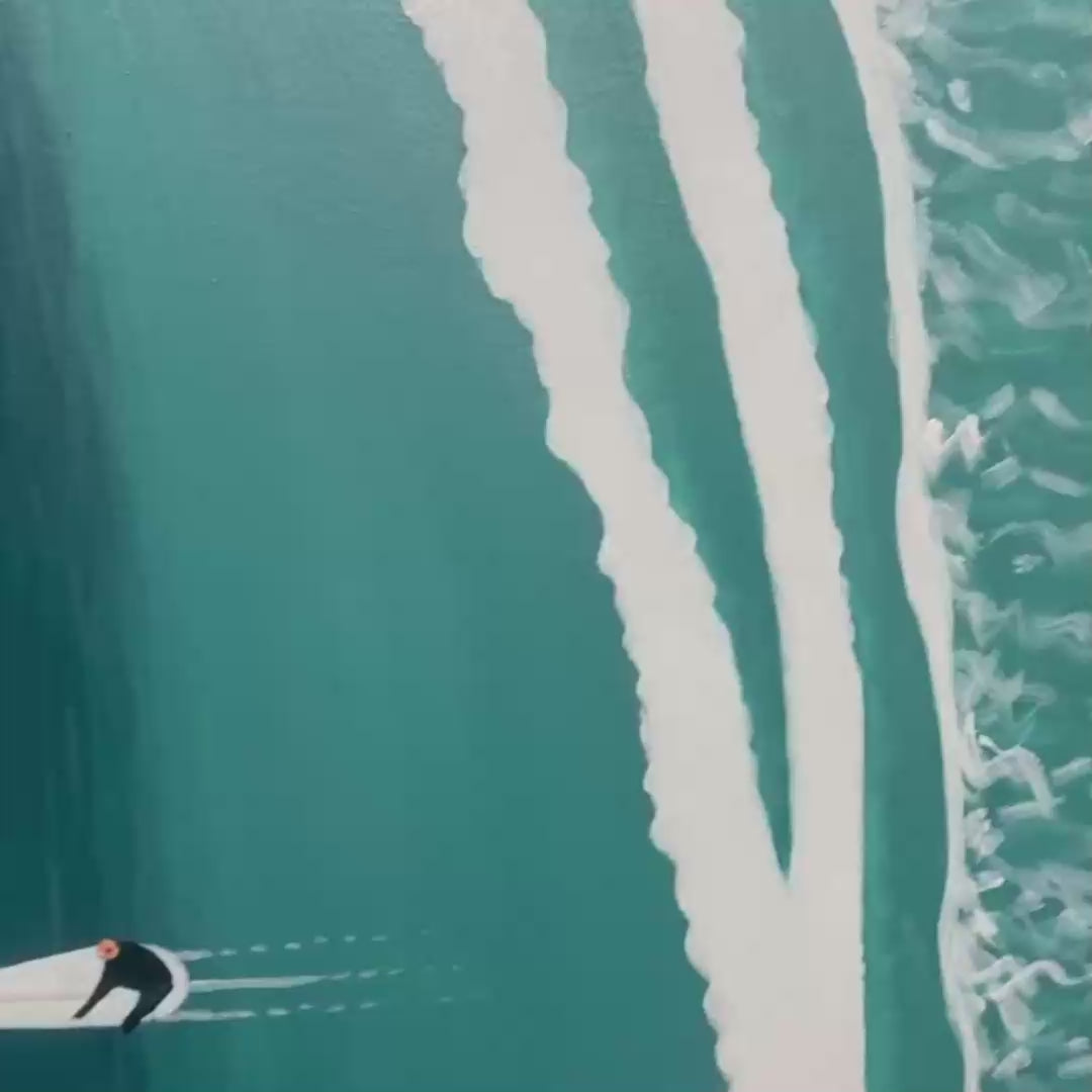 OCEAN'S THREE: Minimalist Aerial Surfing Scene Oil Painting - Image 3