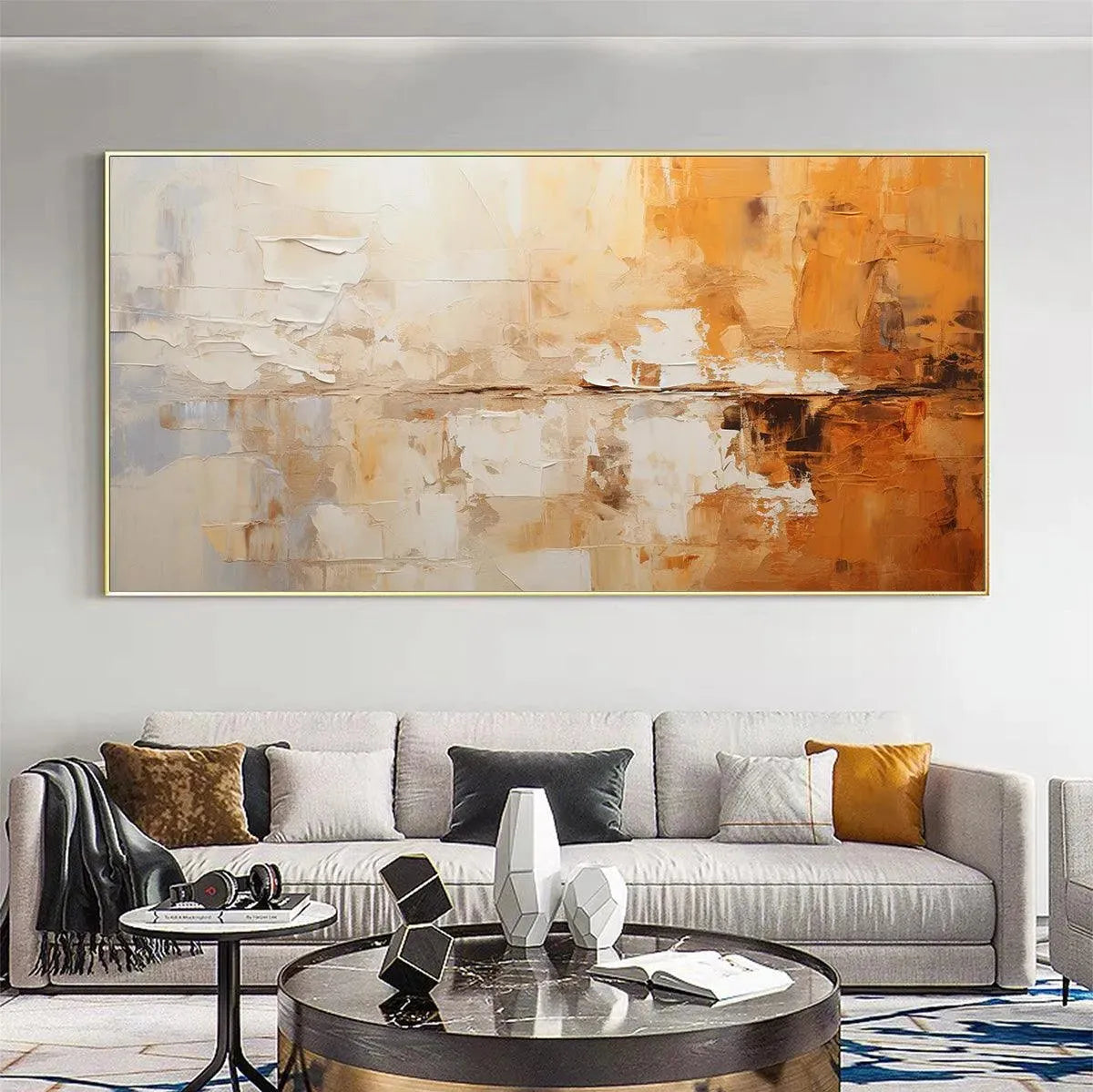 DESERT DUSK: Panoramic Abstract Painting in Orange and Beige, Textured Canvas, Modern Wall Art - Image 9