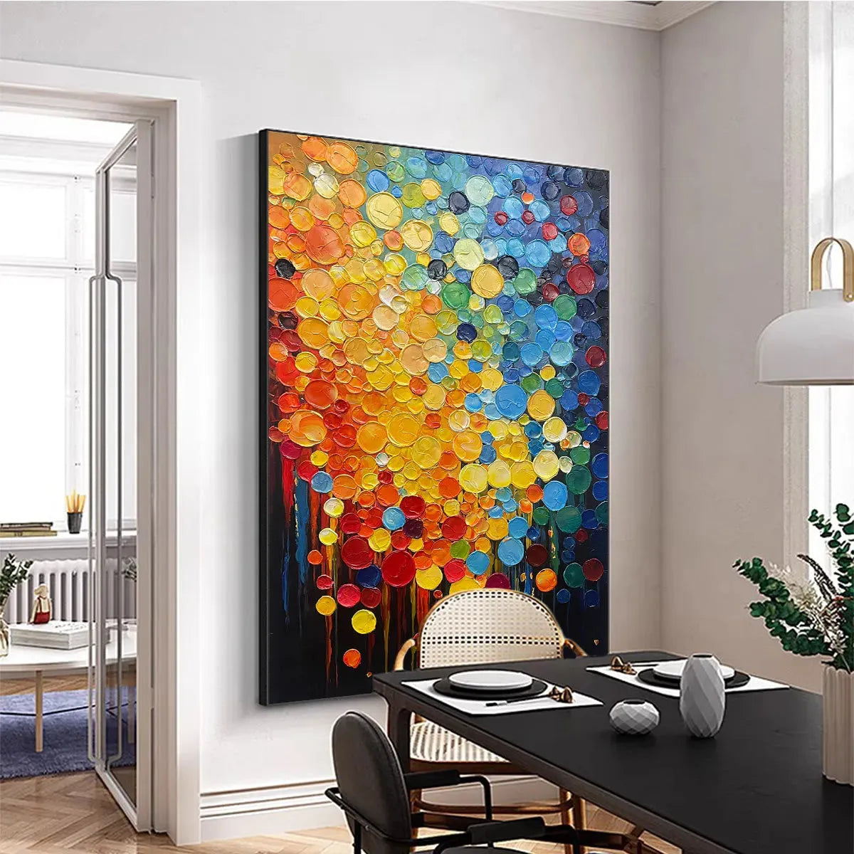 RAINBOW DROPS: Vertical Abstract Painting with Colorful Circles, Textured Impasto, Modern Wall Art - Image 8