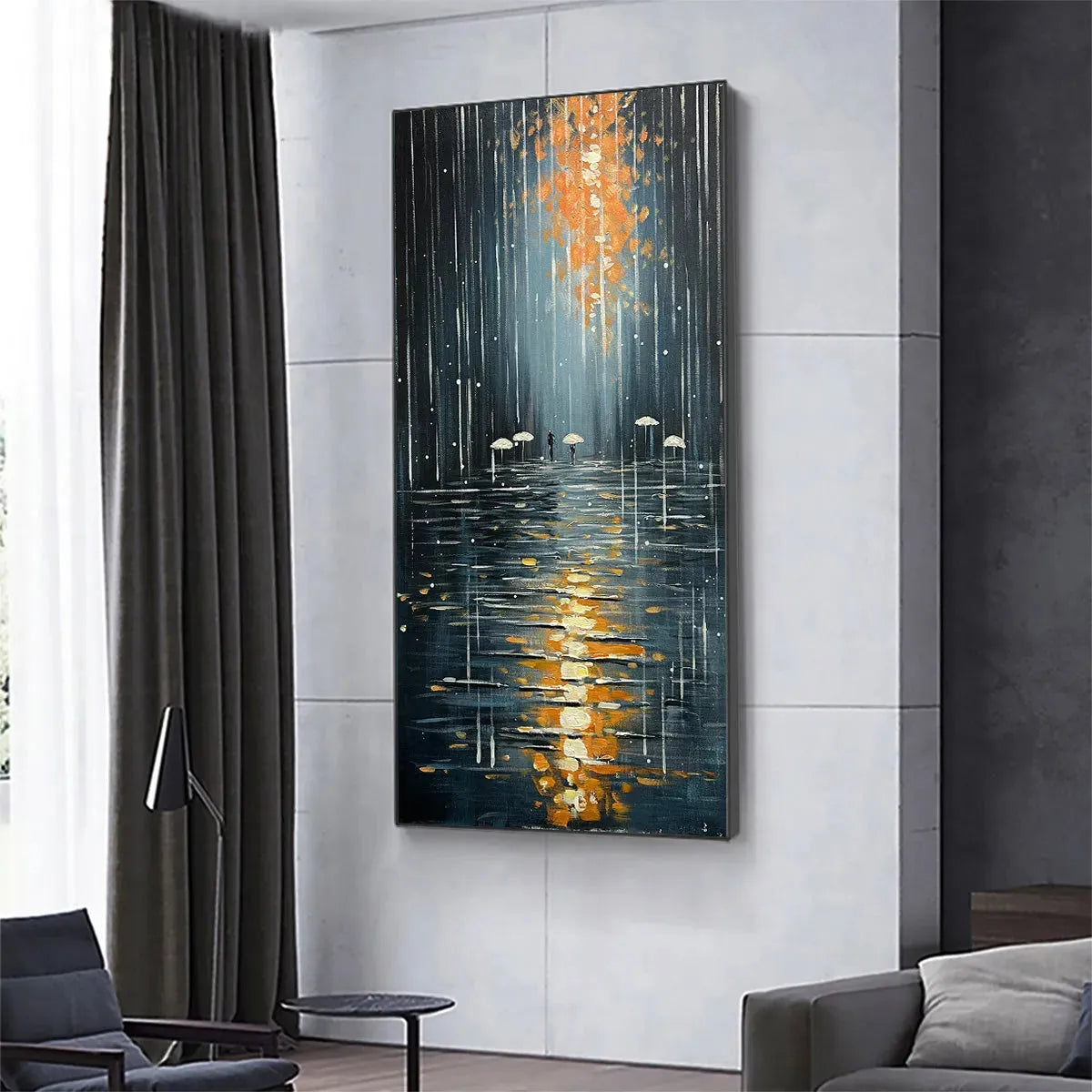 RAINY DAY REFLECTIONS: Vertical Painting of a Rainy City Street, Minimalist Figures, Modern Wall Art, Blue and Gold - Image 7