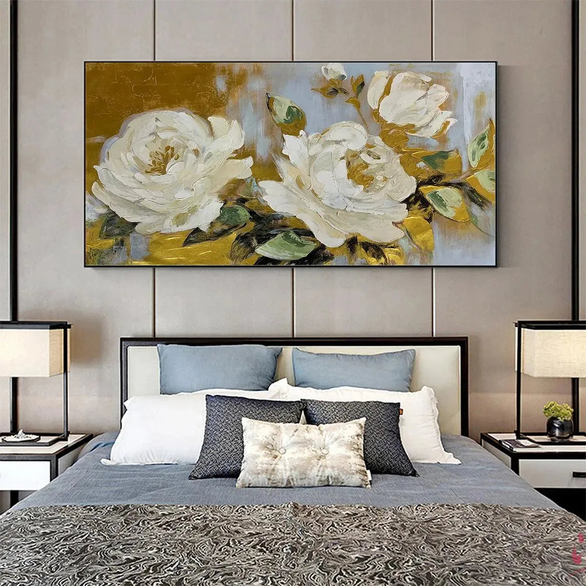 GOLDEN WHISPERS: White Floral Painting with Gold Accents, Panoramic Canvas, Elegant Wall Art for Living Room or Bedroom - Image 7