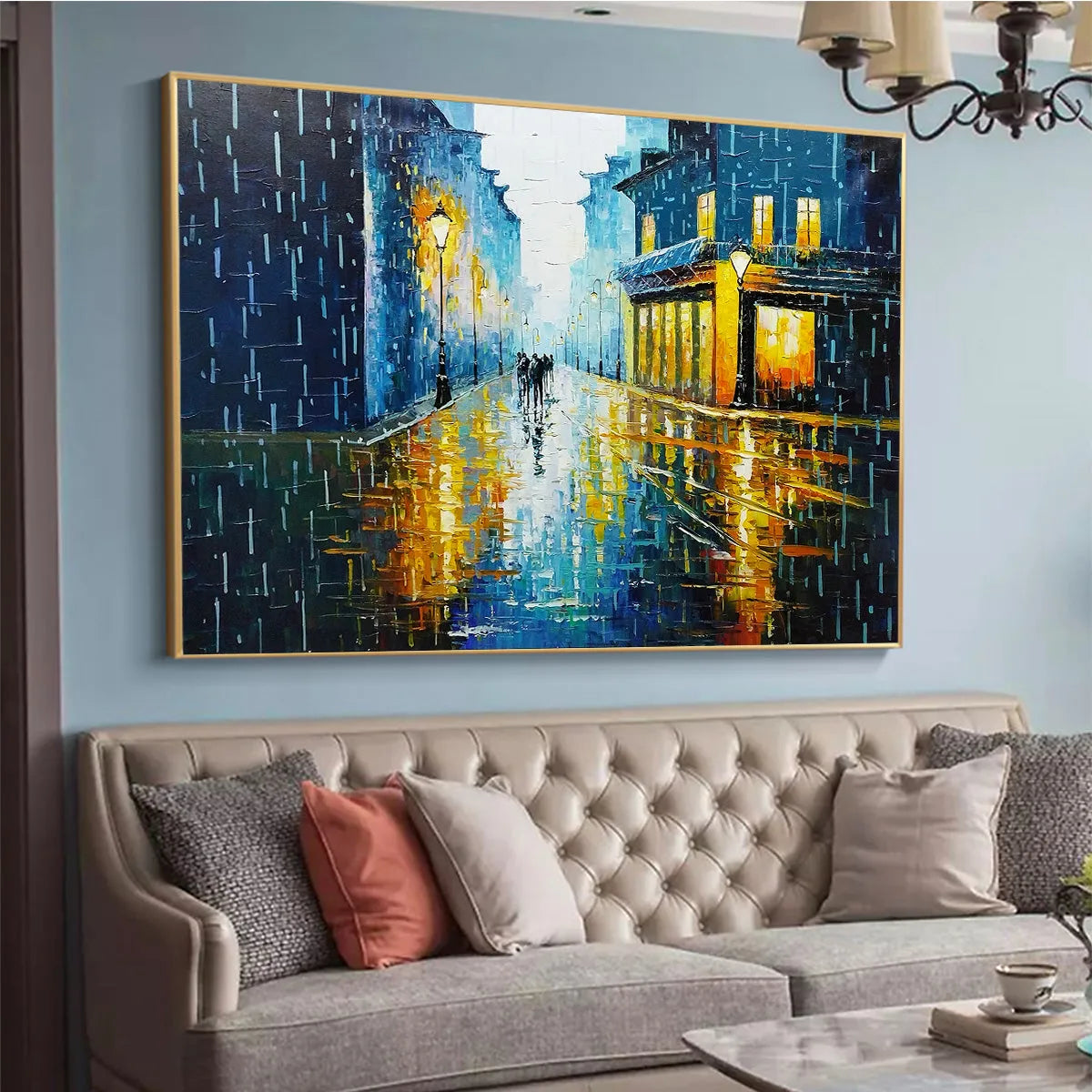 RAINY NIGHT IN PARIS: Textured Cityscape Painting, Rainy Street Scene, Blue, Living Room, Dining Room, Office - Image 4