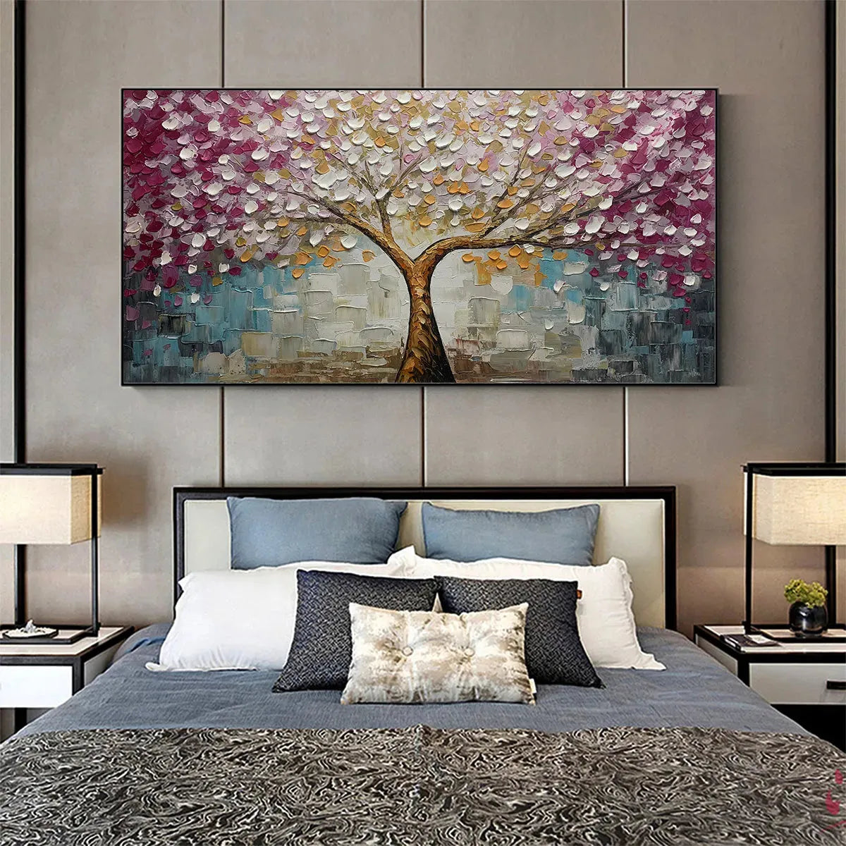 CHERRY BLOSSOM DREAM: Panoramic Textured Impasto Painting of a Cherry Blossom Tree, Modern Wall Art, Pink and Gold - Image 8