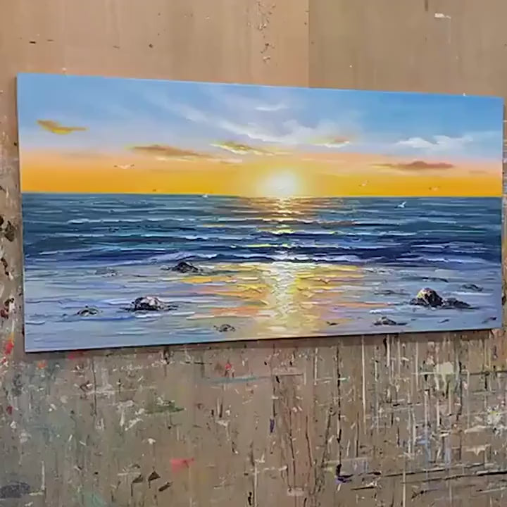 SUNKISSED SHORES: Panoramic Beach Sunset Painting - Image 3