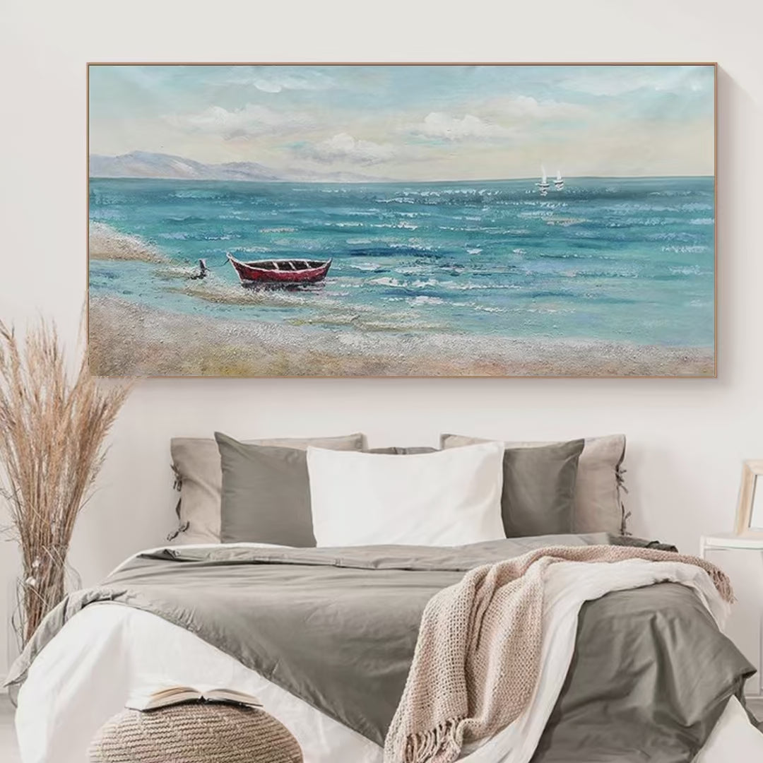 RED BOAT AT THE SHORE: Tranquil Coastal Landscape Painting - Image 4