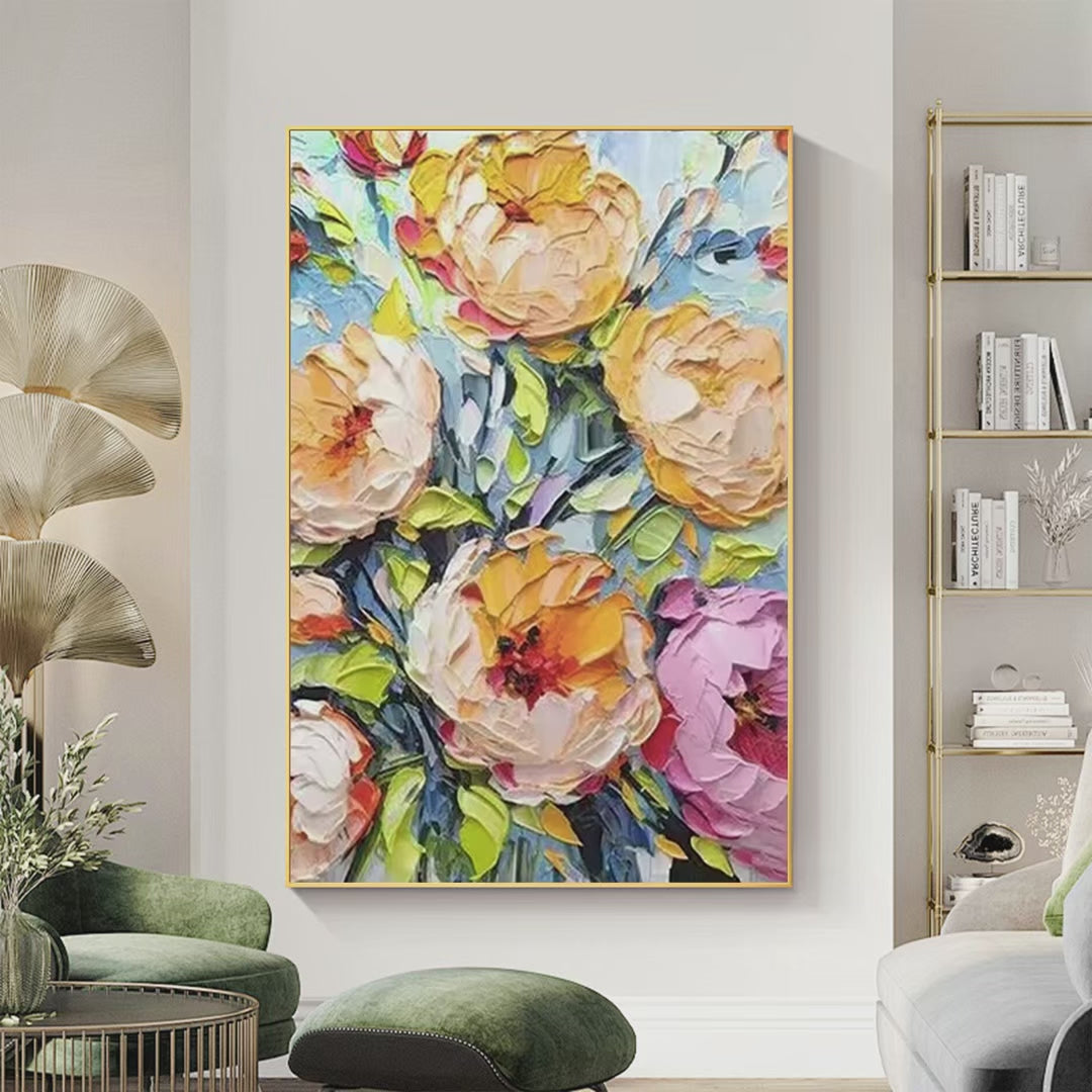 SUMMER BLOOM: Textured Impasto Floral Painting in Yellow and Pink for Living Room - Image 4