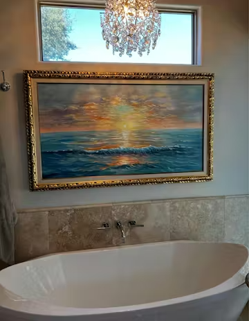 GOLDEN HORIZON: Panoramic Coastal Sunset Oil Painting photo review