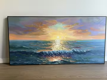 GOLDEN HORIZON: Panoramic Coastal Sunset Oil Painting photo review