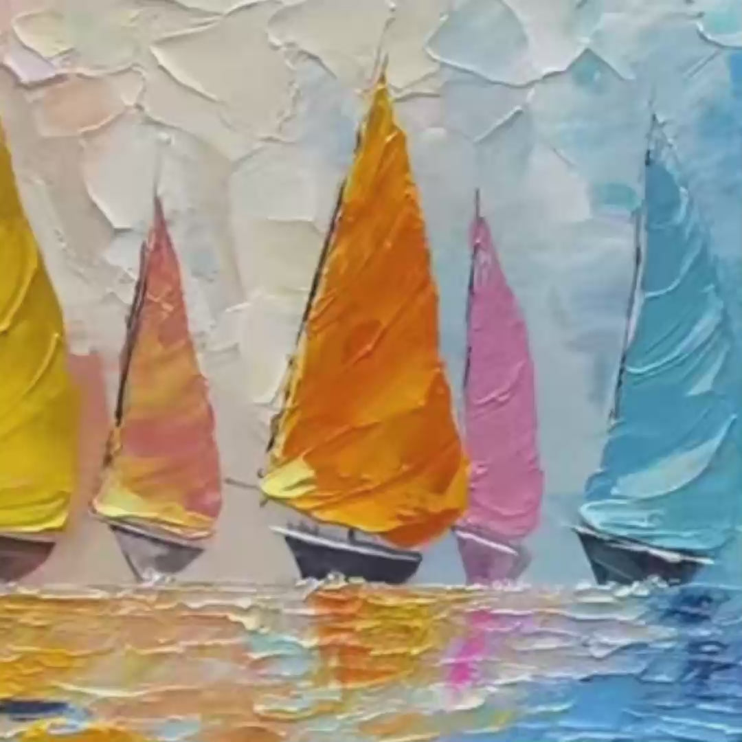 REGATTA: Textured Sailboat Painting, Impasto Wall Art, Panoramic Canvas, Coastal Decor - Image 3