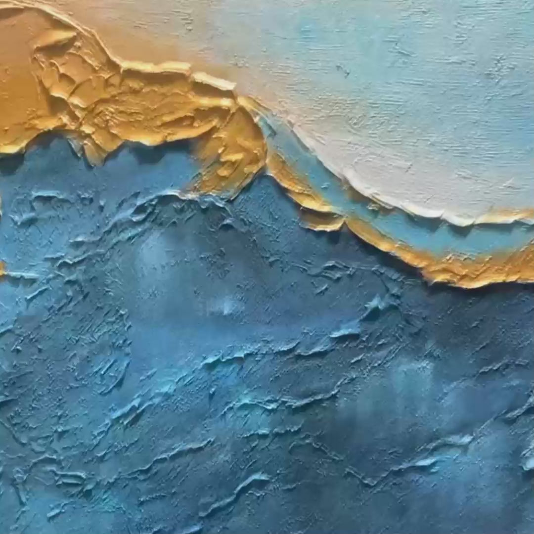 GILDED TIDEPOOL: Square Abstract Oil Painting with Gold Leaf and Blue - Image 3