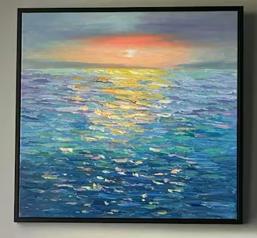 GOLDEN SUNSET OVER WATER: Square Textured Seascape Painting, Palette Knife Ocean Sunset, Blue, Living Room, Bedroom photo review