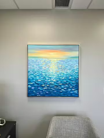 GOLDEN SUNSET OVER WATER: Square Textured Seascape Painting, Palette Knife Ocean Sunset, Blue, Living Room, Bedroom photo review