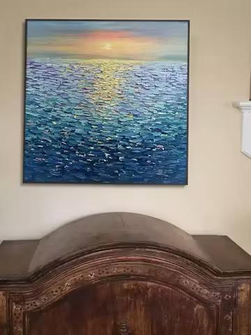 GOLDEN SUNSET OVER WATER: Square Textured Seascape Painting, Palette Knife Ocean Sunset, Blue, Living Room, Bedroom photo review