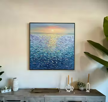 GOLDEN SUNSET OVER WATER: Square Textured Seascape Painting, Palette Knife Ocean Sunset, Blue, Living Room, Bedroom photo review