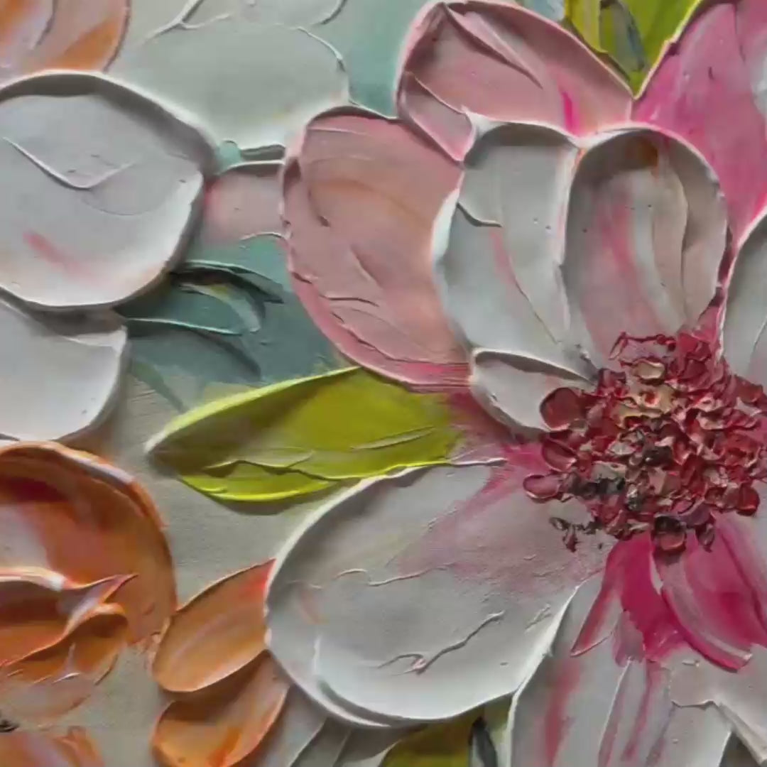 PEACH BLOSSOM: Textured Impasto Floral Painting in Peach and White - Image 3