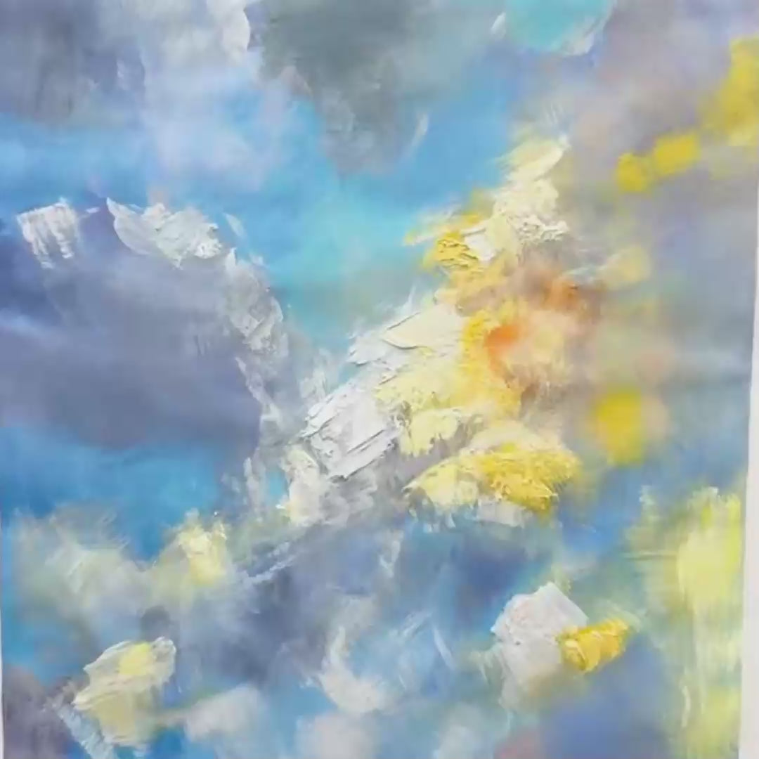 SKYSCAPE SERENADE: Abstract Painting, Blue and Yellow Wall Art, Textured Canvas, Vertical - Image 3