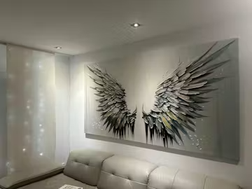 GOLDEN WINGS: Panoramic Angel Wings Painting, Textured Wall Art, Gold, Beige, Living Room, Bedroom photo review