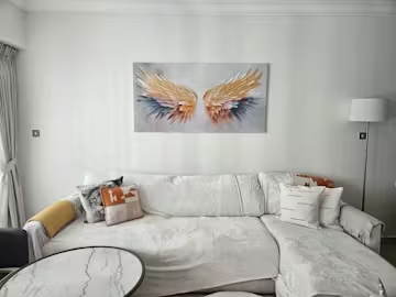 GOLDEN WINGS: Panoramic Angel Wings Painting, Textured Wall Art, Gold, Beige, Living Room, Bedroom photo review
