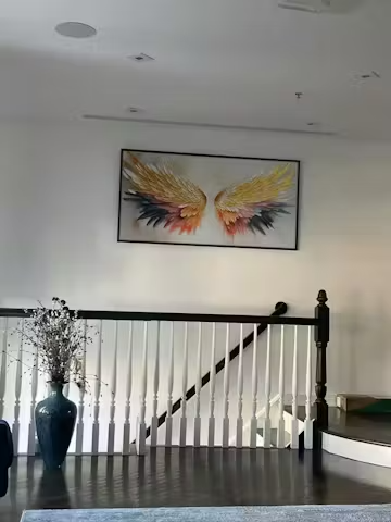 GOLDEN WINGS: Panoramic Angel Wings Painting, Textured Wall Art, Gold, Beige, Living Room, Bedroom photo review