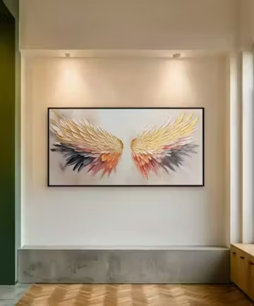 GOLDEN WINGS: Panoramic Angel Wings Painting, Textured Wall Art, Gold, Beige, Living Room, Bedroom photo review