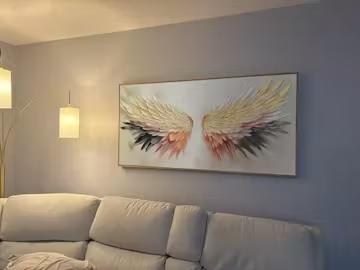 GOLDEN WINGS: Panoramic Angel Wings Painting, Textured Wall Art, Gold, Beige, Living Room, Bedroom photo review
