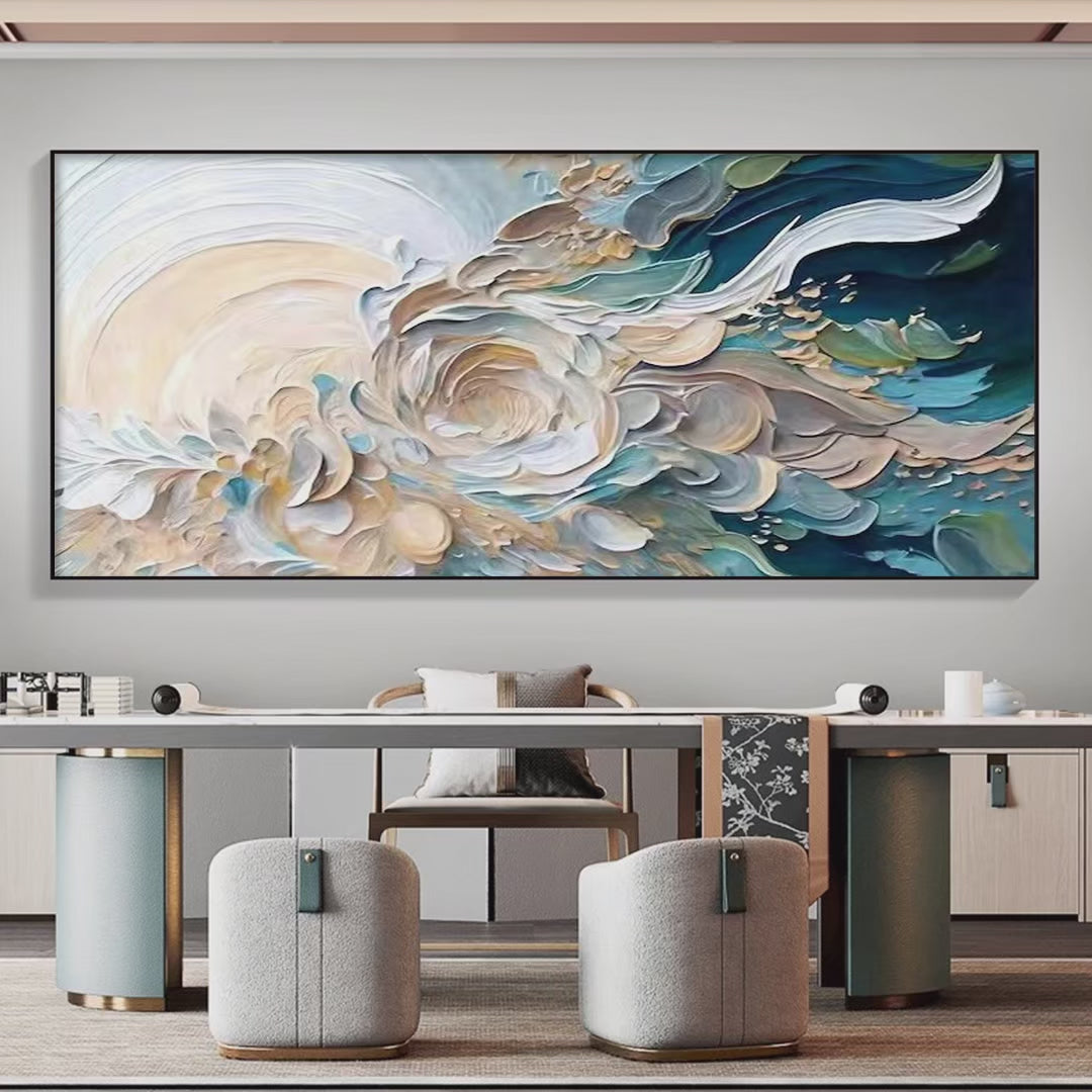 OCEANIC BLOOM: Textured Abstract Floral Painting in Blue and Beige - Image 4