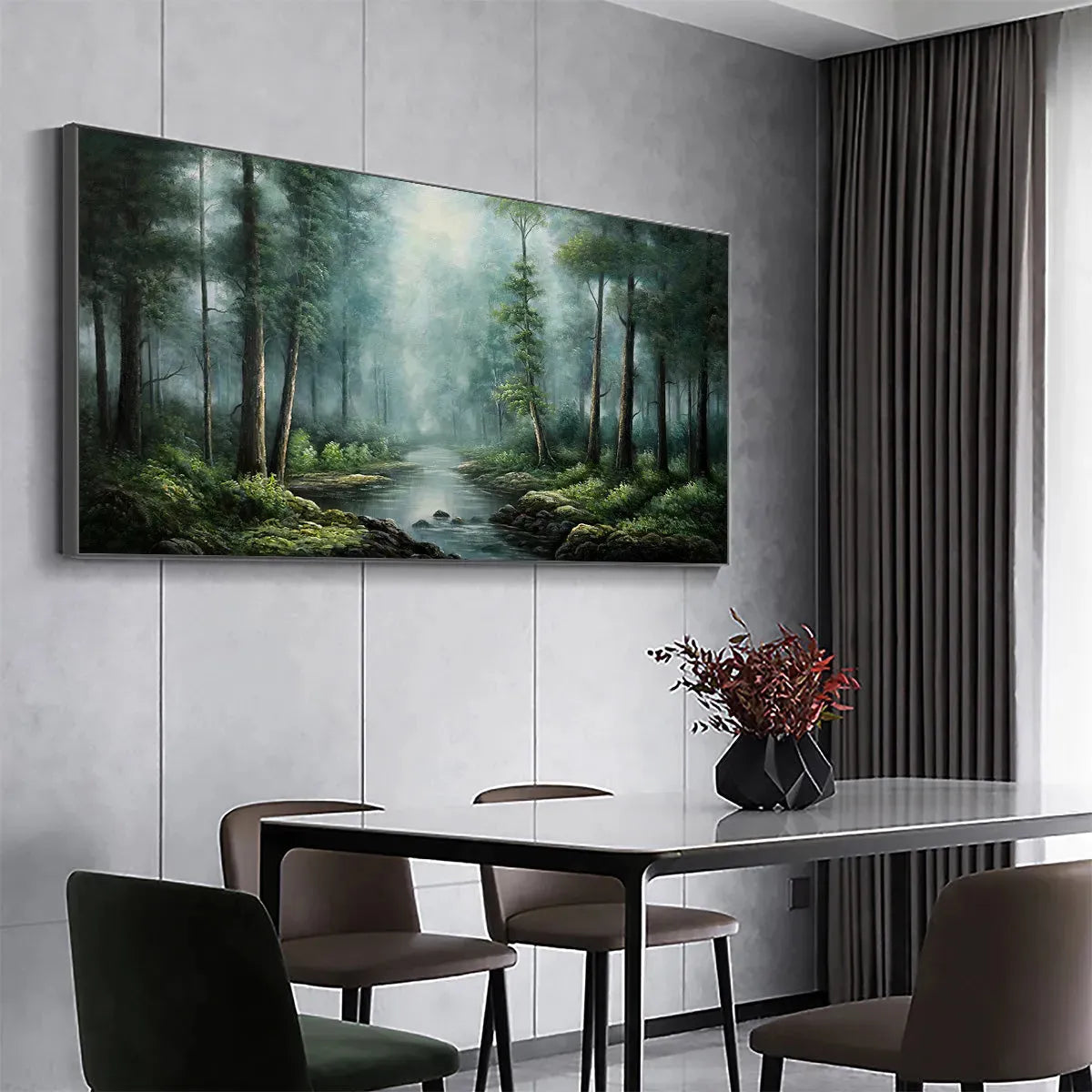 FOREST PATH: Panoramic Forest Painting with Stream, Misty Landscape, Canvas Wall Art - Image 7