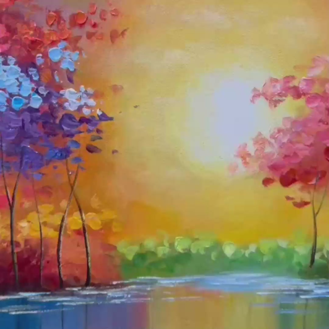 TWILIGHT REFLECTIONS: Colorful Landscape Painting of Trees by the Water - Image 3