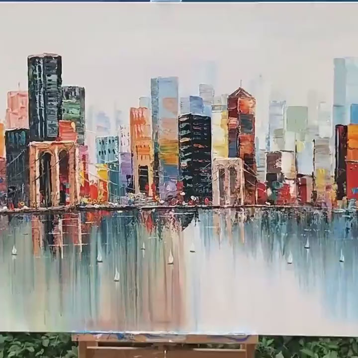 METROPOLITAN REFLECTIONS: Panoramic Cityscape Oil Painting - Image 4