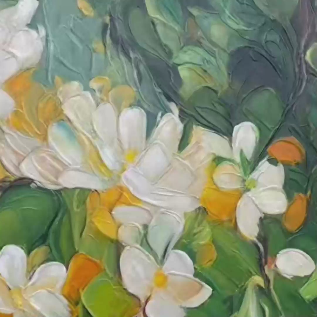 ORANGE BLOSSOM: Textured Floral Painting, White Flowers Wall Art, Panoramic Canvas, Impressionist Decor - Image 3